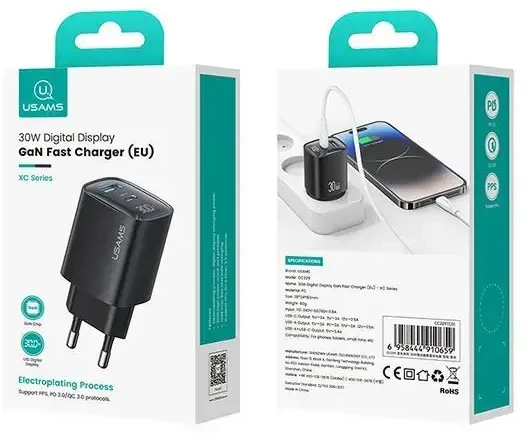 USAMS CC229 kelioninis įkroviklis | 30 W | GaN | USB-C, USB-A | baltas