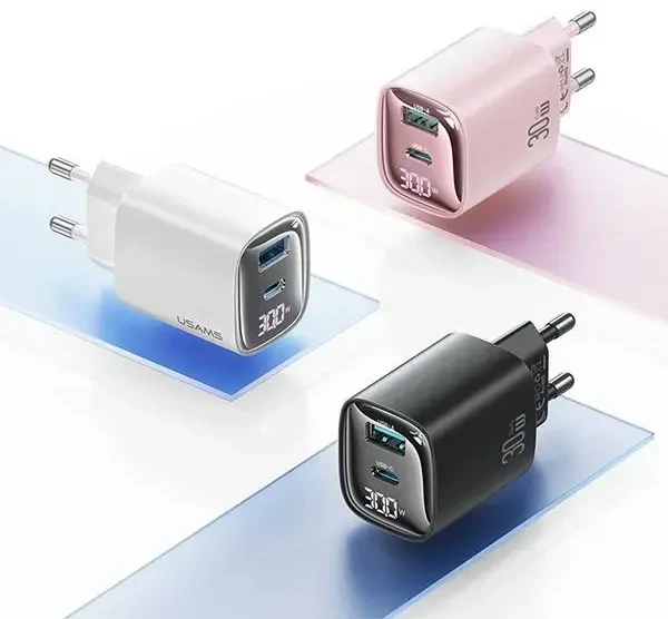 USAMS CC229 kelioninis įkroviklis | 30 W | GaN | USB-C, USB-A | baltas