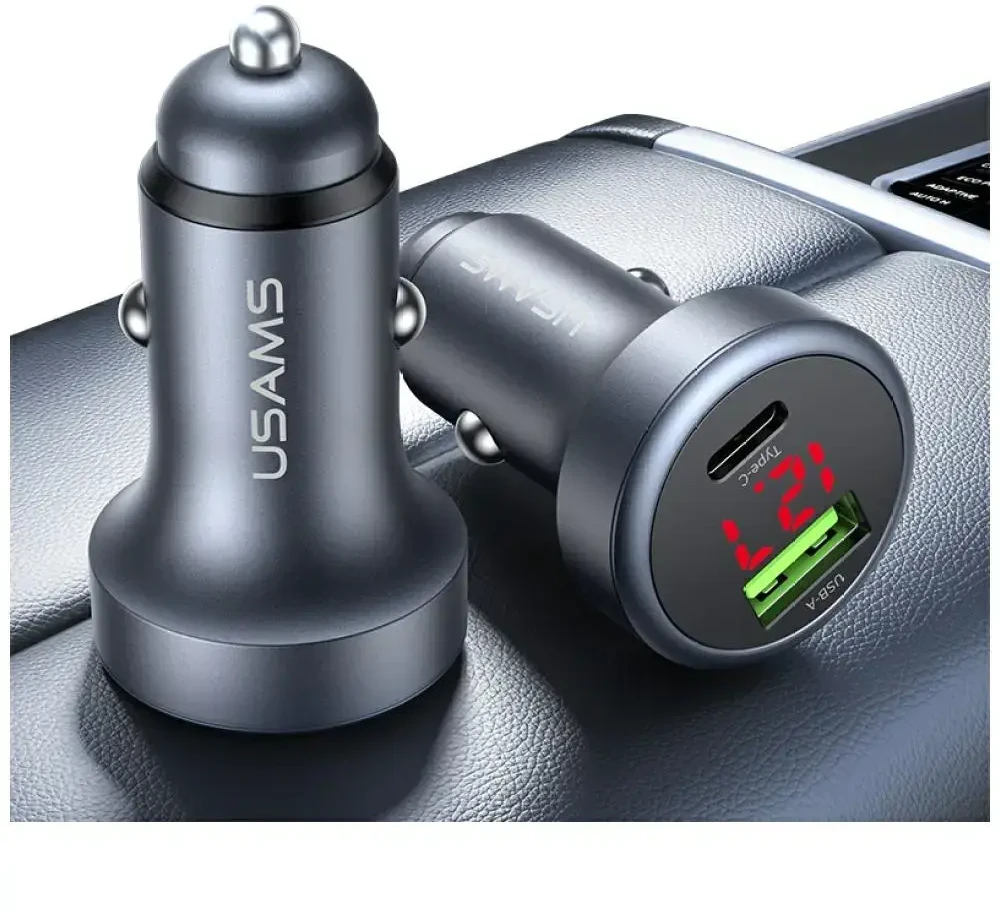 USAMS CC327 automobilinis įkroviklis Aluminum 45W USB-A USB-C tamsiai pilkas