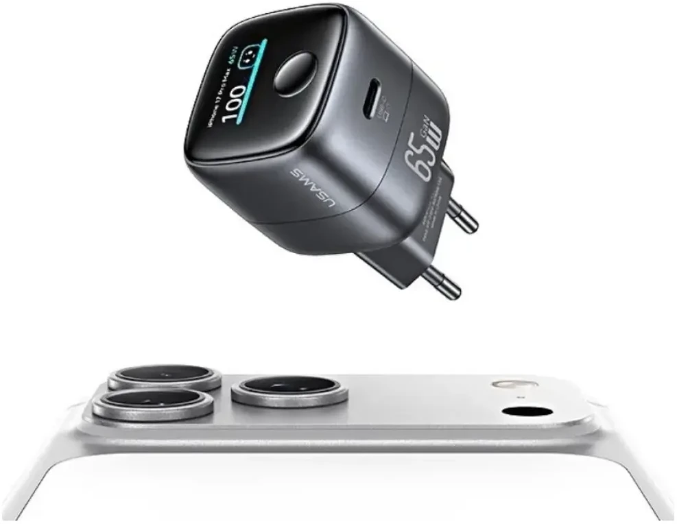 Įkroviklis jungiama į tinklą USAMS CC338 T75 65W GaN Smart Digital Ekranas Fast Charger USB-C tarnish