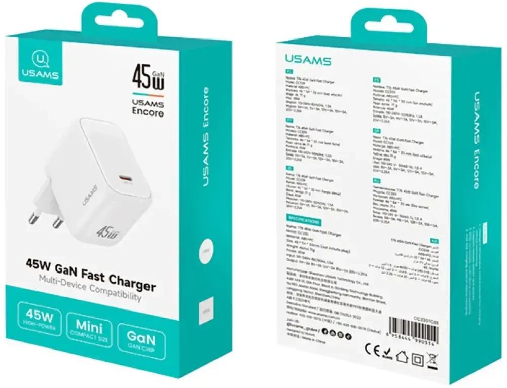 Įkroviklis jungiama į tinklą USAMS CC339 T76 45W GaN Fast Charger USB-C balta