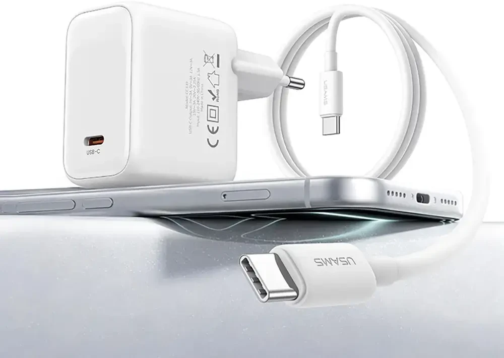 Įkroviklis jungiama į tinklą USAMS CC339 T76 45W GaN USB-C + kabelis SJ711 USB-C/USB-C 1m balta