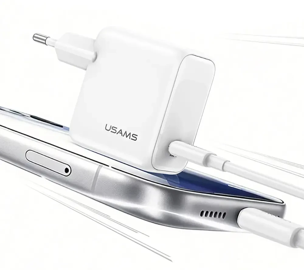 Įkroviklis jungiama į tinklą USAMS CC339 T76 45W GaN USB-C + kabelis SJ711 USB-C/USB-C 1m balta