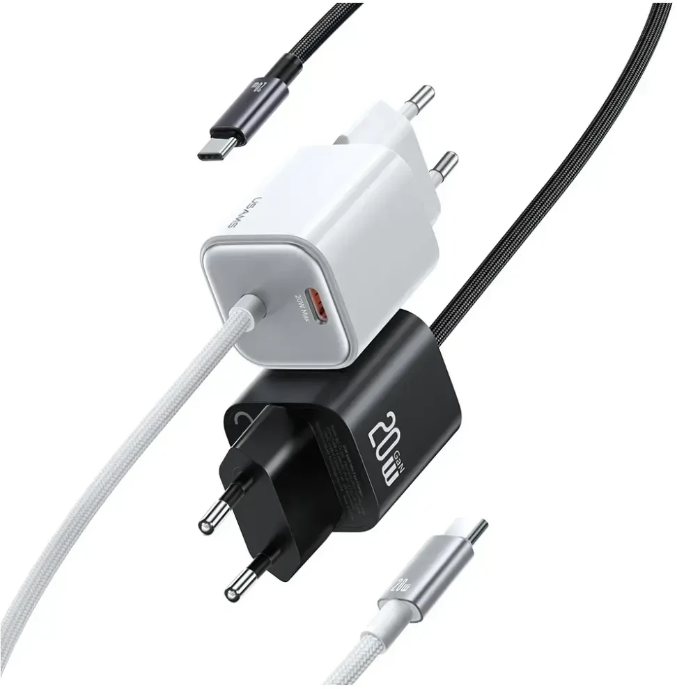 USAMS JC Series CC261 20W GaN Mini Fast Charger 2xUSB-C baltos spalvos