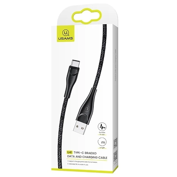 USAMS pintas U41 USB-C laidas 1m 2A juodos spalvos SJ392USB01 (US-SJ392) greitas įkrovimas