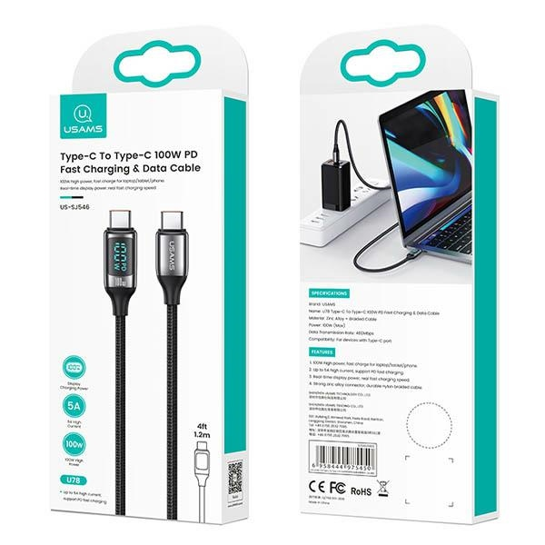 USAMS Cable Braided U78 USB-C į USB-CLED 1,2m 100W Fast Charging juoda/juodas SJ546USB01 (US-SJ546 )