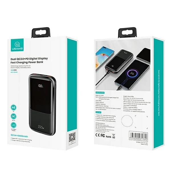 USAMS Powerbank PB58 10000mAh 22.5W QC3.0+PD Fast Charge juodos spalvos 10KCD16101 (US-CD161)