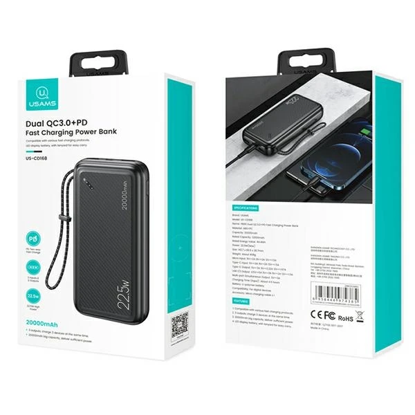 Powerbank 20000mAh PB60 22.5W 2xUSB QC3.0 + USB-C PD3.0 + Micro USB External Baterija Fast Charge Usams US-CD168 juodos spalvos