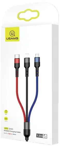 USAMS Pintas laidas U26 3in1 0.35m 2A greitas įkrovimas (lightning/microUSB/USB-C) SJ410USB01 (US-SJ410)