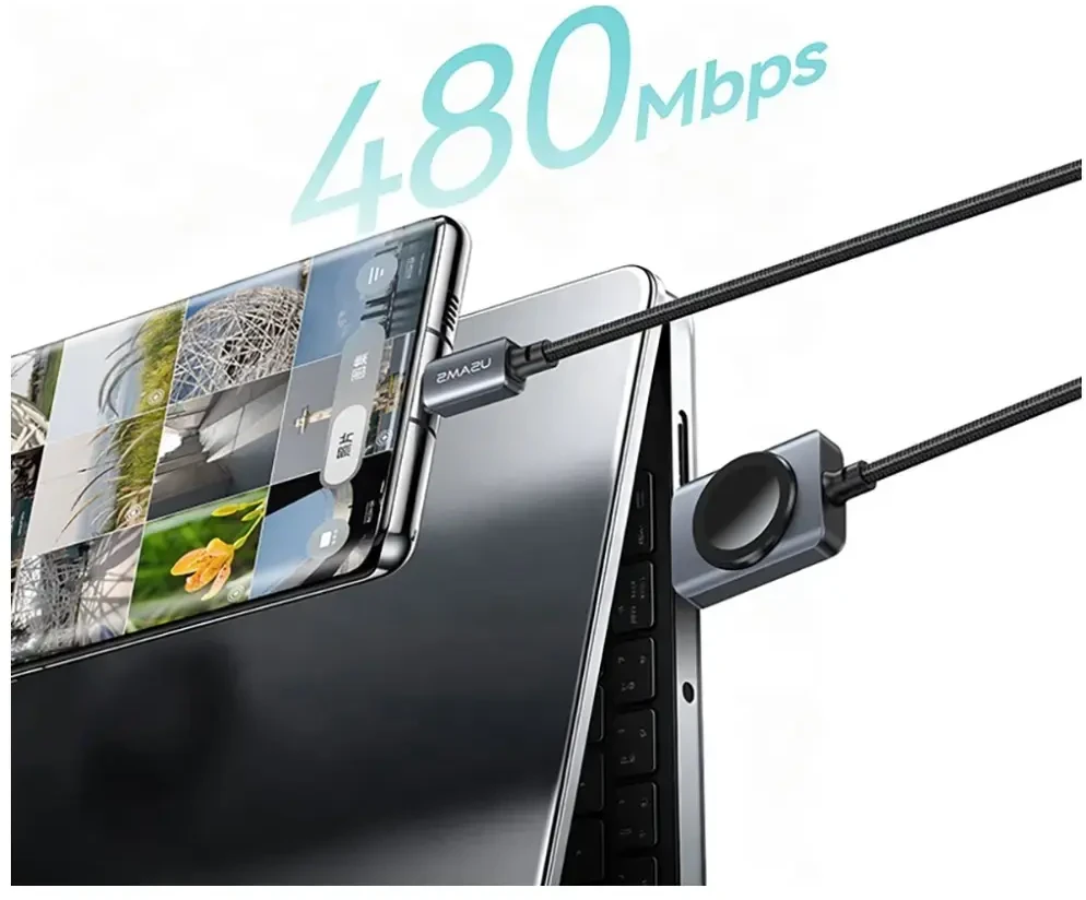 Kabelis USAMS SJ821 U113 Fast Charging 100W USB-C do USB-C + kroviklis bezprzewodowa do zegarka 1,2 m juoda