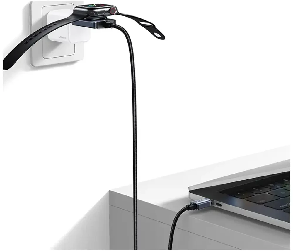 Kabelis USAMS SJ821 U113 Fast Charging 100W USB-C do USB-C + kroviklis bezprzewodowa do zegarka 1,2 m juoda