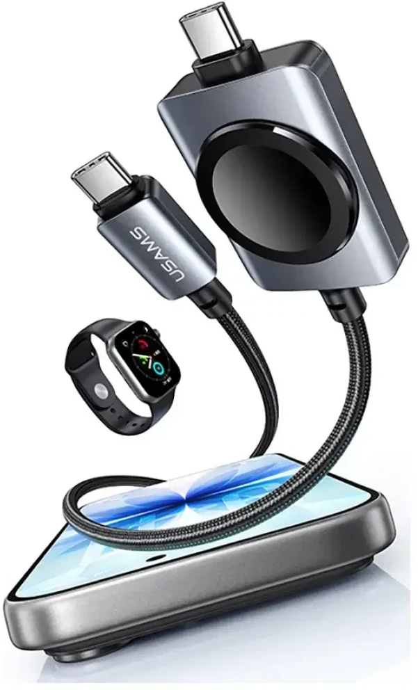 Kabelis USAMS SJ821 U113 Fast Charging 100W USB-C do USB-C + kroviklis bezprzewodowa do zegarka 1,2 m juoda