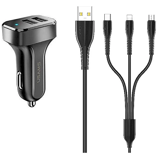 Automobilinis įkroviklis (2xUSB) su Type-C, Lightning, Micro USB laidu, USAMS, 2.1A, juodas