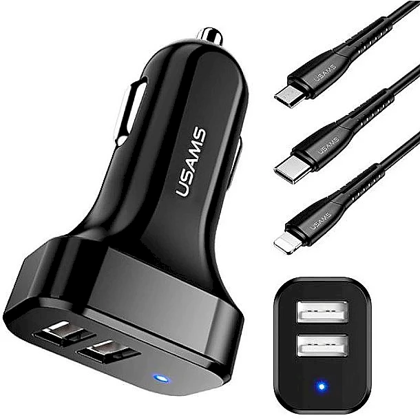 Automobilinis įkroviklis (2xUSB) su Type-C, Lightning, Micro USB laidu, USAMS, 2.1A, juodas