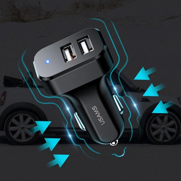 Automobilinis įkroviklis (2xUSB) su Type-C, Lightning, Micro USB laidu, USAMS, 2.1A, juodas