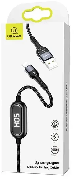 USAMS pintas U48 Lightning kabelis 1.2m 2A greito įkrovimo su LED juodos spalvos SJ423USB01 (US-SJ423)