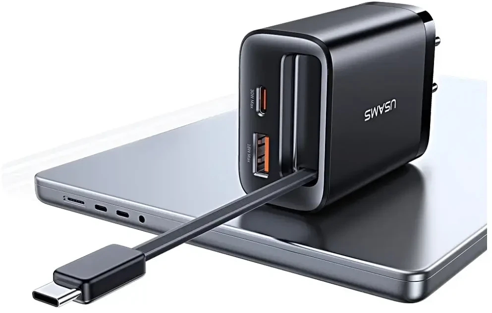 Laidinis įkroviklis USAMS Xiang Series CC296 30W 1xUSB-C 1xUSB-A + USB-C cable baltos spalvos
