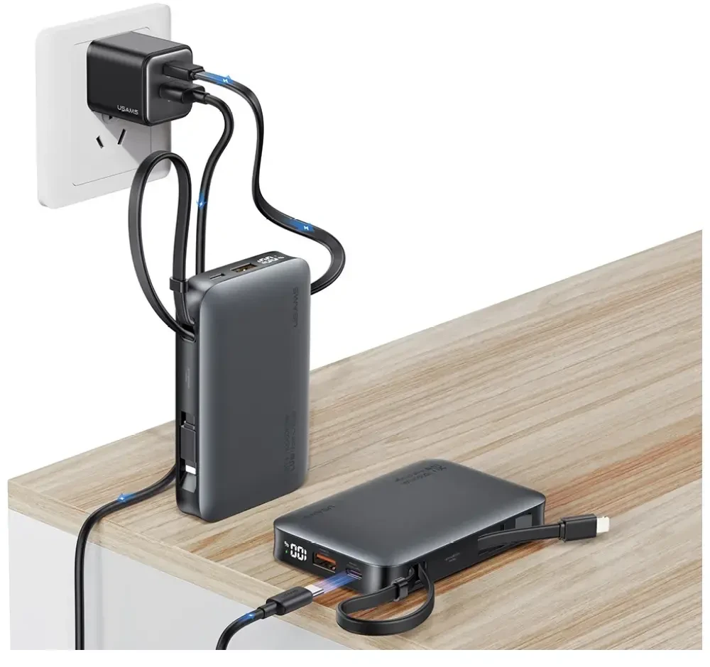 Powerbank USAMS XR Series CD228 10000mAh 20W + USB-C/Lightning cable juodos spalvos