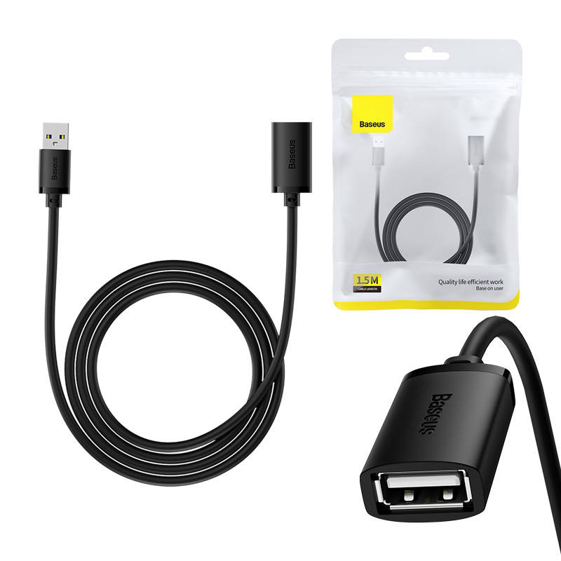 USB 2.0 prailginimo kabelis Baseus vyris į moterišką, AirJoy serija, 1.5 m (juodas)
