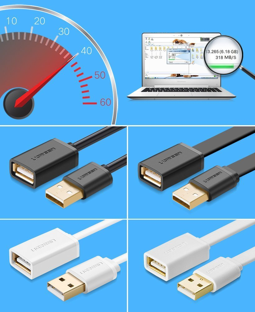 UGREEN US103 USB2.0 kabelio prailginimas 1m - Juodas