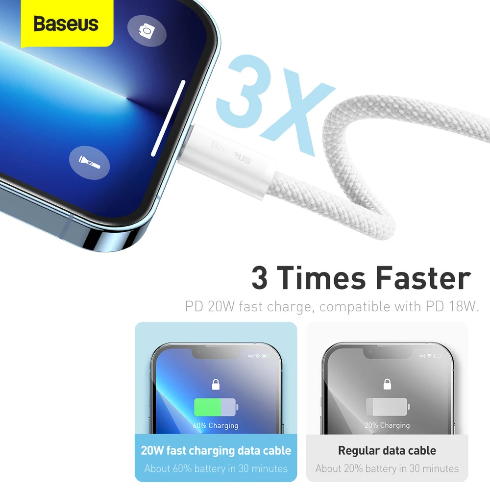 USB kabelis Baseus Dynamic iš Type-C į Lightning 20W 2.0m baltas CALD000102