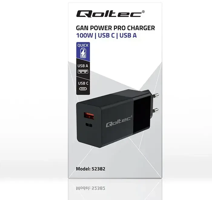 Įkroviklis - Qoltec 52382 GaN 100W PD USB Type-C ir A Juodas