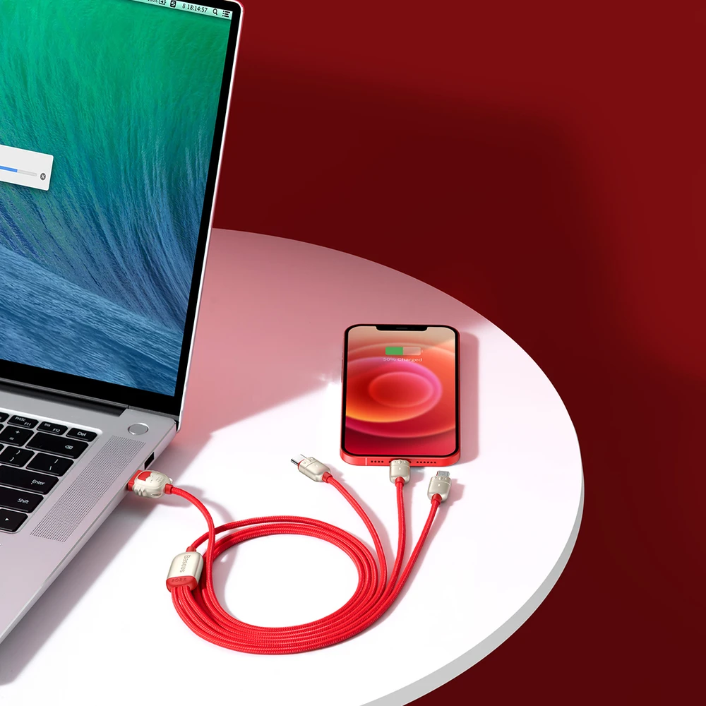 Baseus kabelis Year of the Tiger 3 in 1 – USB į Type C, Lightning, Micro USB – 3,5A 1,2 metras (CASX010009) raudonos spalvos