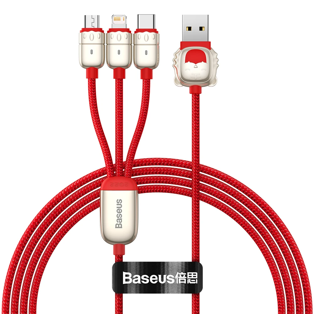 Baseus kabelis Year of the Tiger 3 in 1 – USB į Type C, Lightning, Micro USB – 3,5A 1,2 metras (CASX010009) raudonos spalvos