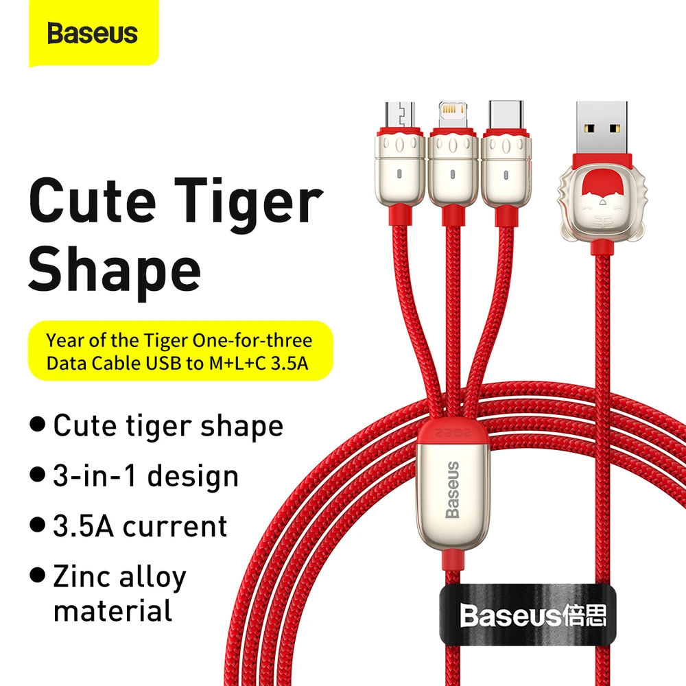 Baseus kabelis Year of the Tiger 3 in 1 – USB į Type C, Lightning, Micro USB – 3,5A 1,2 metras (CASX010009) raudonos spalvos