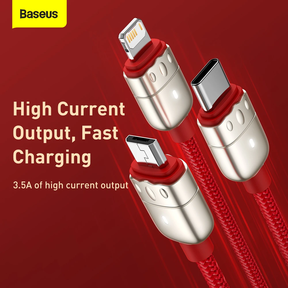 Baseus kabelis Year of the Tiger 3 in 1 – USB į Type C, Lightning, Micro USB – 3,5A 1,2 metras (CASX010009) raudonos spalvos