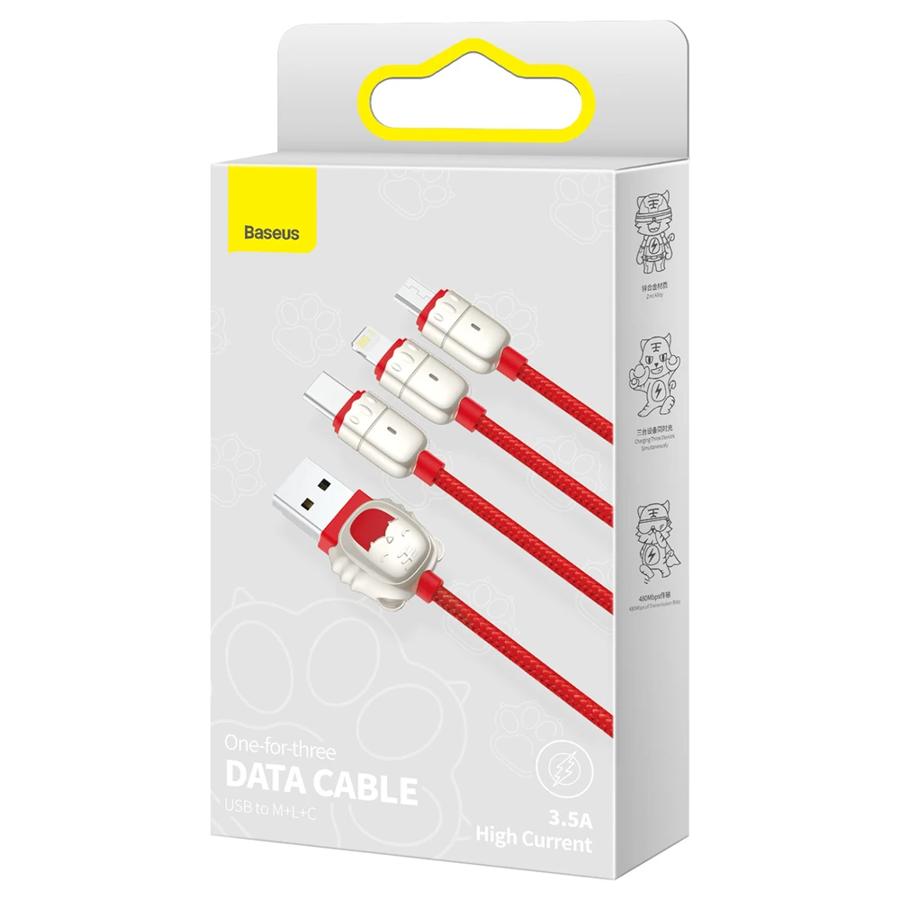 Baseus kabelis Year of the Tiger 3 in 1 – USB į Type C, Lightning, Micro USB – 3,5A 1,2 metras (CASX010009) raudonos spalvos