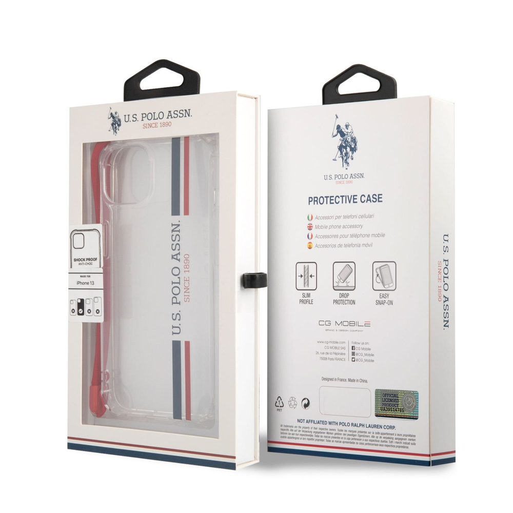 USHCP13MKSTTR U.S. Polo PC|TPU vertikalių dryžių dėklas iPhone 13 permatomas
