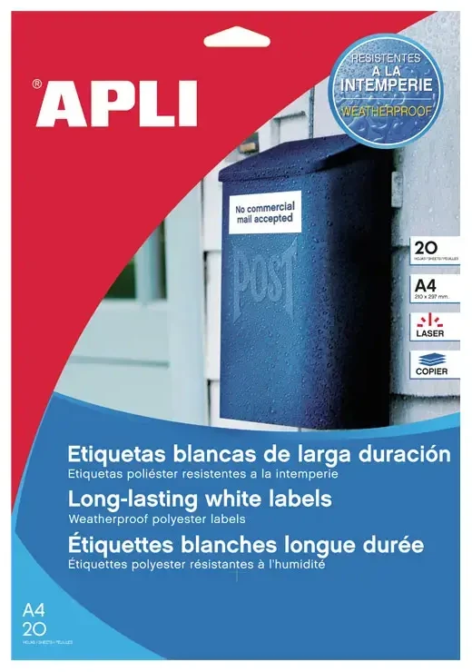 Lipnios etiketės Apli, A4, matinės skaidrios, atsparios aplinkos poveikiui, 210x297 mm, (1) (1) 070