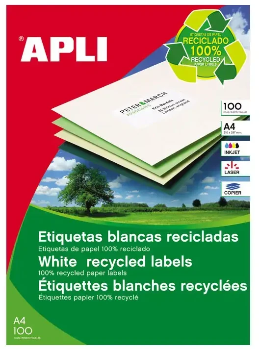 **Lipnios etiketės iš perdirbto popieriaus Apli, A4, 70x37mm, 24 etiketės lape, 100 lapų, baltos spalvos