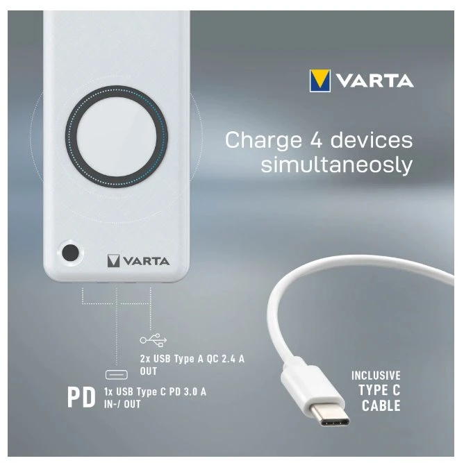 Varta 57909 101 111 nešiojamasis įkroviklis Ličio polimeras (LiPo) 20000 mAh Belaidis įkrovimas Balta