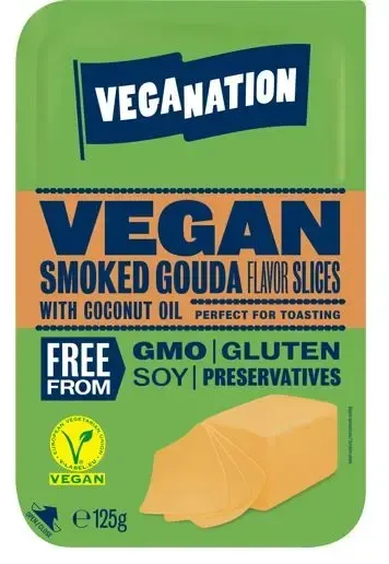 Vegānisks produkts uz augu tauku bāzes, ar kūpināta Gouda siera garšu, VEGANATION, šķēlēs,125g