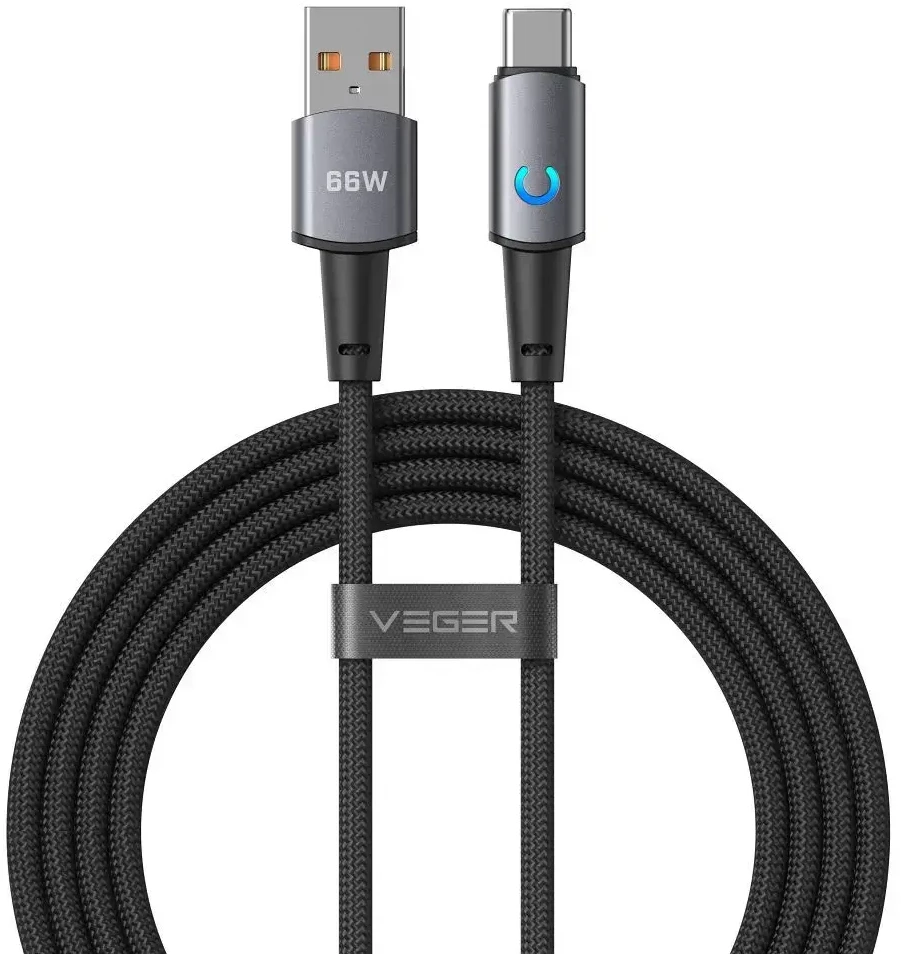 Laidas su LED šviesos indikatoriumi USB A - C tipo VEGER PD 3A 66W AC1-ZSD 1,2 m juodas