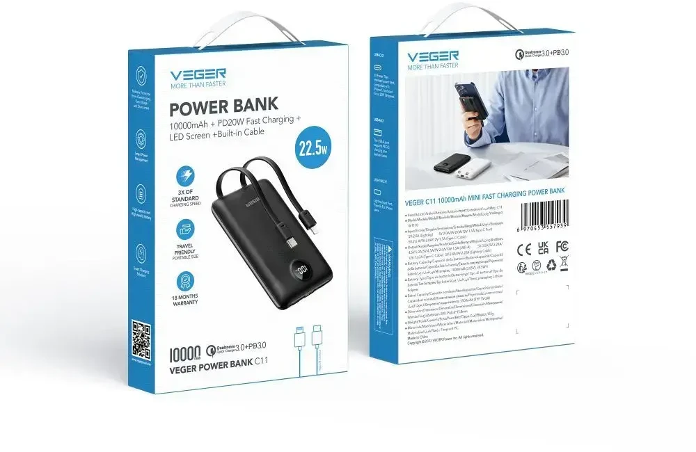 Nešiojamoji baterija Veger C11 (W1170) PD QC3.0 2A 22,5W 10000 mAh su integruotais laidais USB C / Lightning juodas