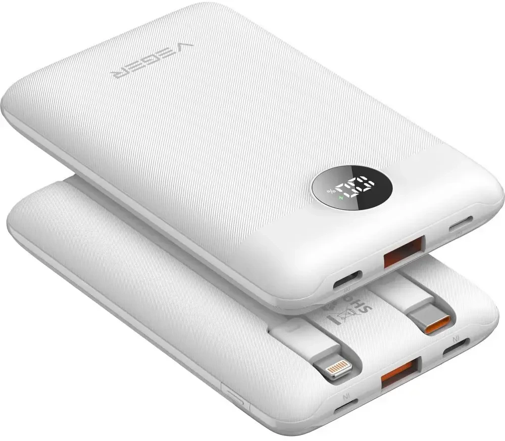 Nešiojamoji baterija Veger C11 (W1170) PD QC3.0 2A 22,5W 10000 mAh su integruotu USB C laidu / Lightning jungtimi