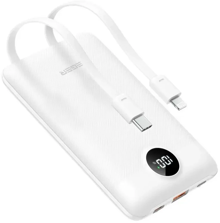 Nešiojamoji baterija Veger C11 (W1170) PD QC3.0 2A 22,5W 10000 mAh su integruotu USB C laidu / Lightning jungtimi