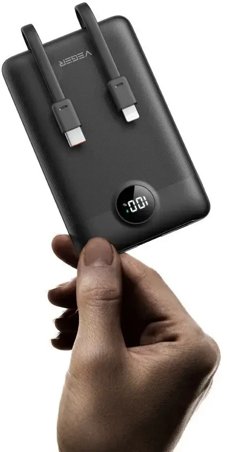Nešiojamoji baterija Veger C11 (W1170) PD QC3.0 2A 22,5W 10000 mAh su integruotais laidais USB C / Lightning juodas