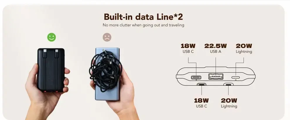 Nešiojamoji baterija Veger C11 (W1170) PD QC3.0 2A 22,5W 10000 mAh su integruotais laidais USB C / Lightning juodas