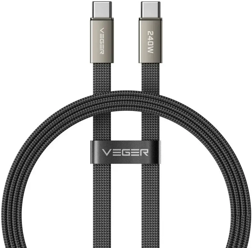 Plokščias kabelis C tipo į C tipo VEGER PD 5A 240W CC2-MTB 1,5 m juodas