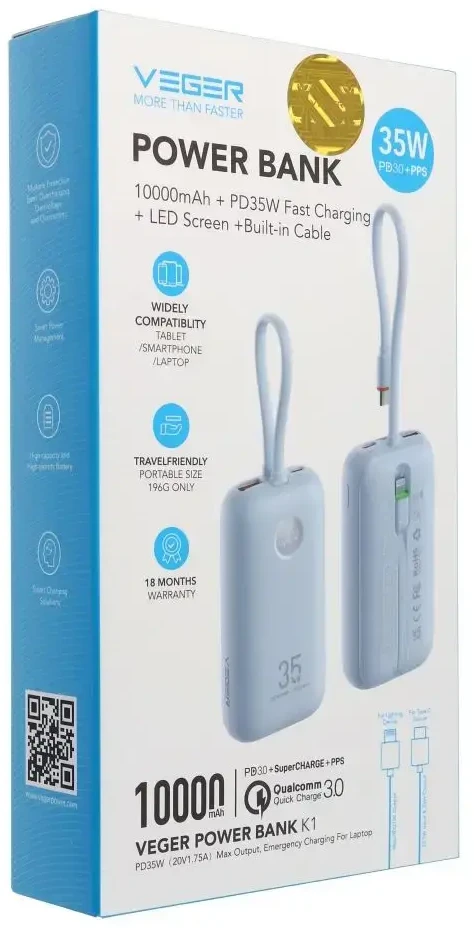 Nešiojamoji baterija Veger K1 (W1188) PD QC3.0 35W 10000 mAh su integruotu USB-C laidu / Lightning mėlynas