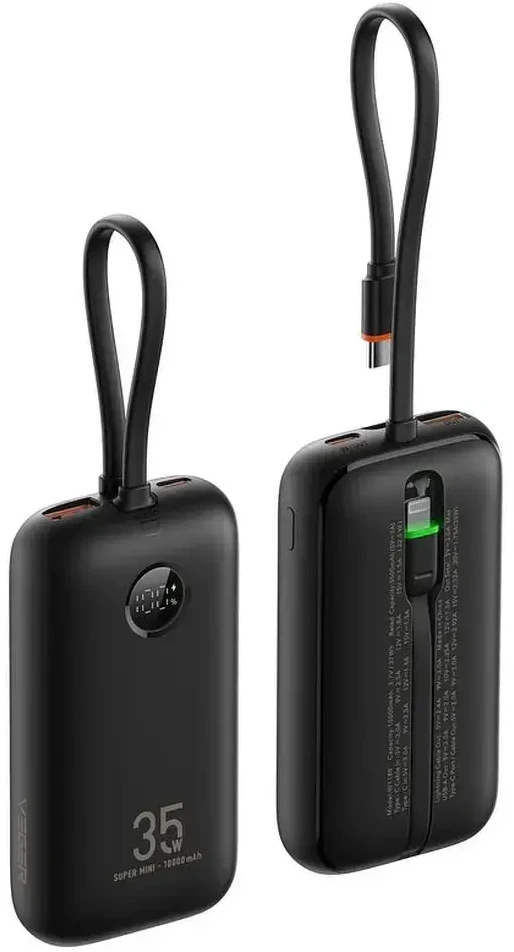 Išorinė baterija Veger K1 (W1188) PD QC3.0 35W 10000 mAh su integruotais C tipo laidais / Lightning juoda