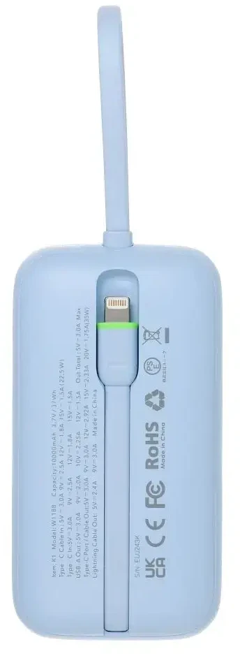 Nešiojamoji baterija Veger K1 (W1188) PD QC3.0 35W 10000 mAh su integruotu USB-C laidu / Lightning mėlynas