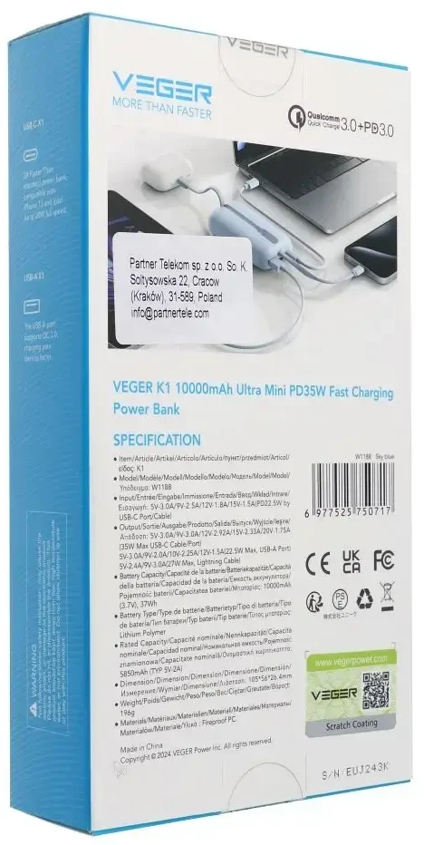 Nešiojamoji baterija Veger K1 (W1188) PD QC3.0 35W 10000 mAh su integruotu USB-C laidu / Lightning mėlynas