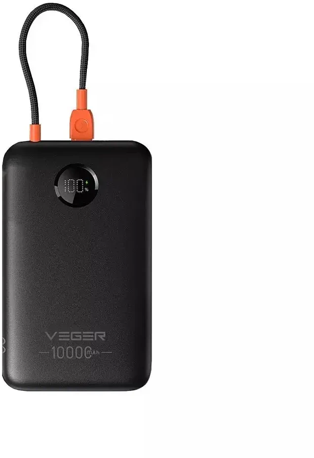 Nešiojamoji baterija „Veger“ 10000 mAh su integruotu laidu USB C QC3.0 PD 2A 22,5W K1C W1189 juodas