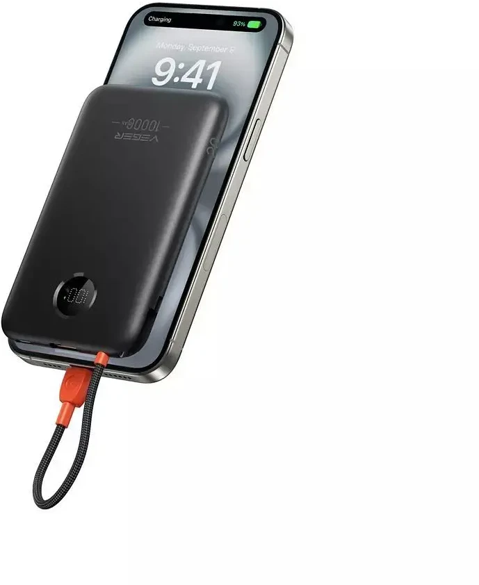Nešiojamoji baterija „Veger“ 10000 mAh su integruotu laidu USB C QC3.0 PD 2A 22,5W K1C W1189 juodas