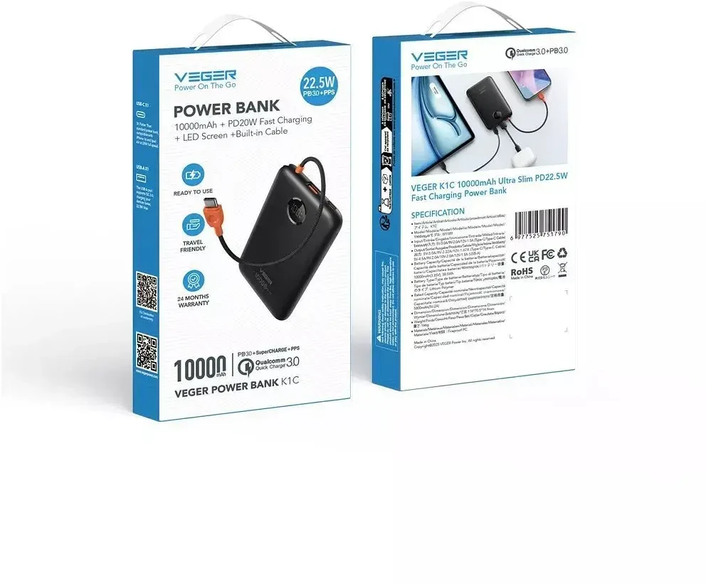 Nešiojamoji baterija „Veger“ 10000 mAh su integruotu laidu USB C QC3.0 PD 2A 22,5W K1C W1189 juodas
